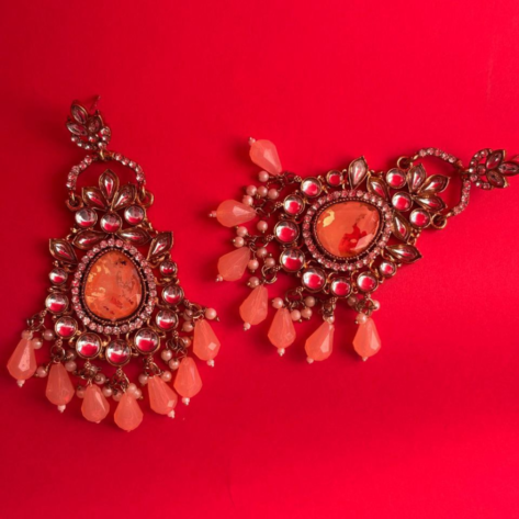 Gold Plated Peach Beads Kundan Dangler Earrings