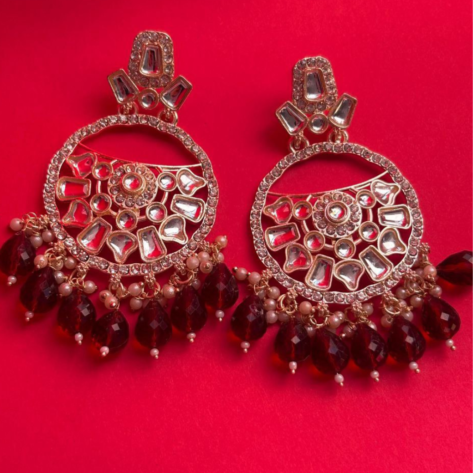 Kundan & Pearl Gold Plated Red Earrings