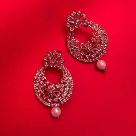Silver White Stud Pearl & Stone Earring