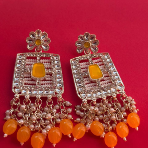Kundan Pearls Yellow Big Antique Lightweight Drop Earrings